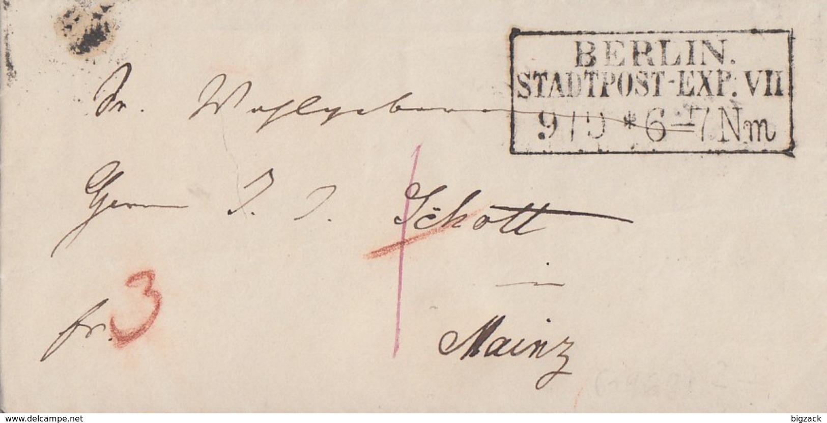 Preussen Brief R3 Berlin Stadtpost-Exp.VII 9.10.1852 Gel. Nach Mainz - Sonstige & Ohne Zuordnung