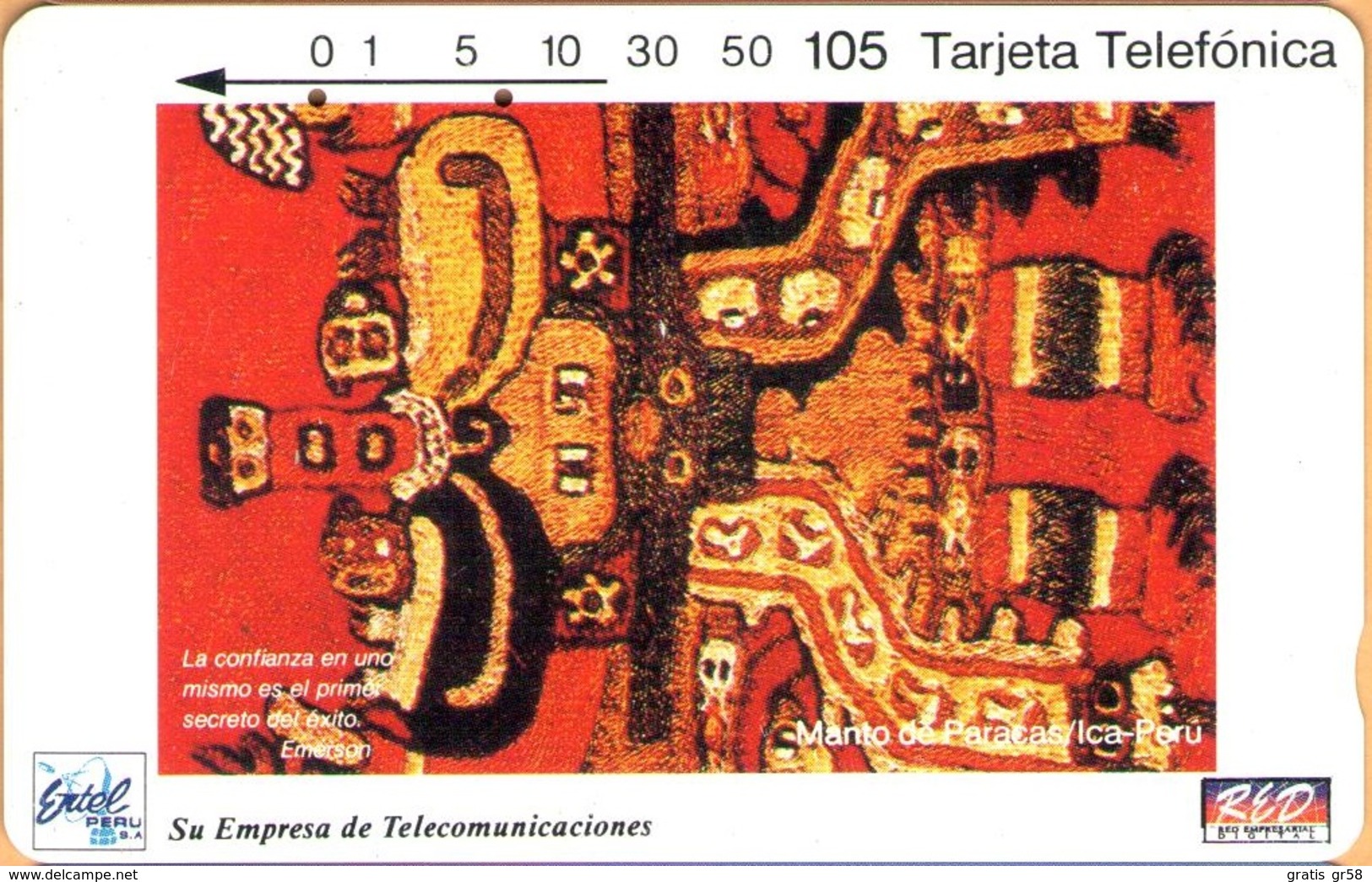 Peru - PE-M1A, Entel/RED, Segunda Serie Enero/94, Tamura, Manto Paracas, 105 U, 10.000ex, 1994, Used - Pérou