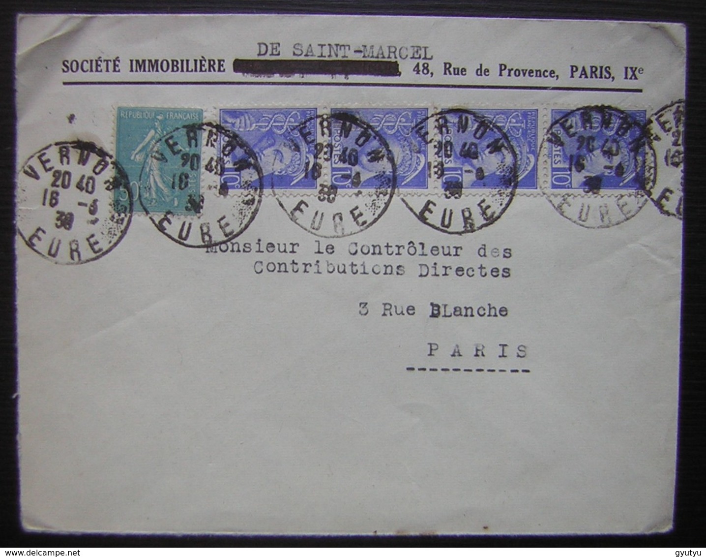 1938 Vernon (Eure) Société Immobilière De Saint Marcel Affranchie Avec Une Bande De 4 Mercure + 1 Semeuse - 1921-1960: Moderne