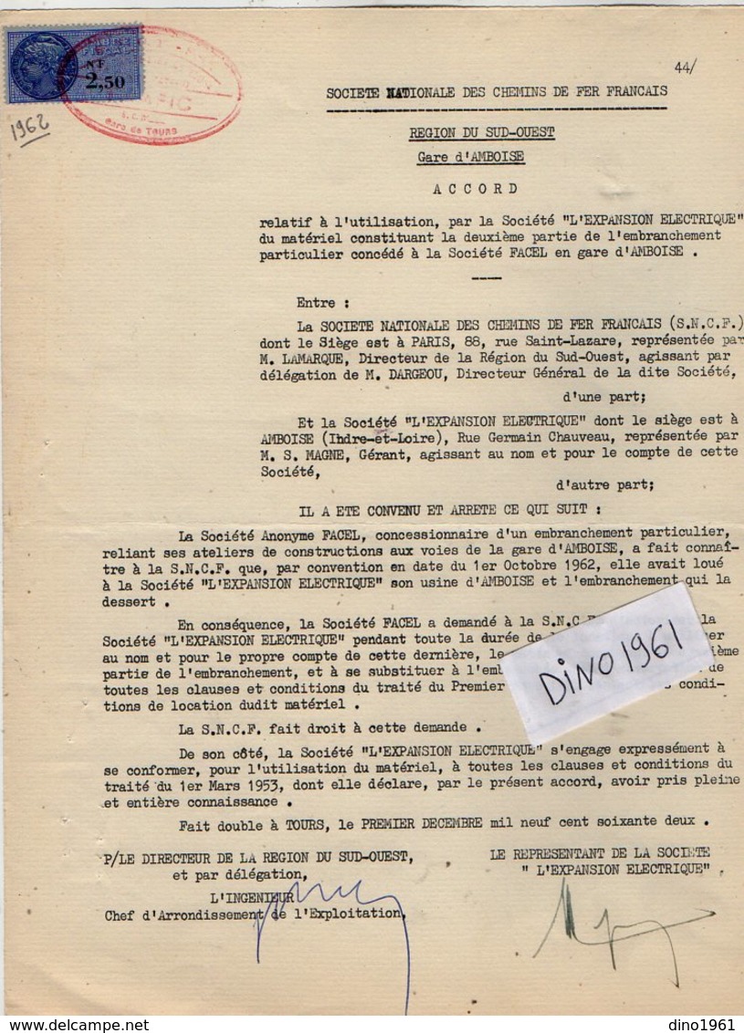 VP12.745 - TOURS - Acte De 1962 - Entre La S.N.C.F - Gare D' AMBOISE & La Sté L'Expansion Electrique à AMBOISE - Ferrocarril