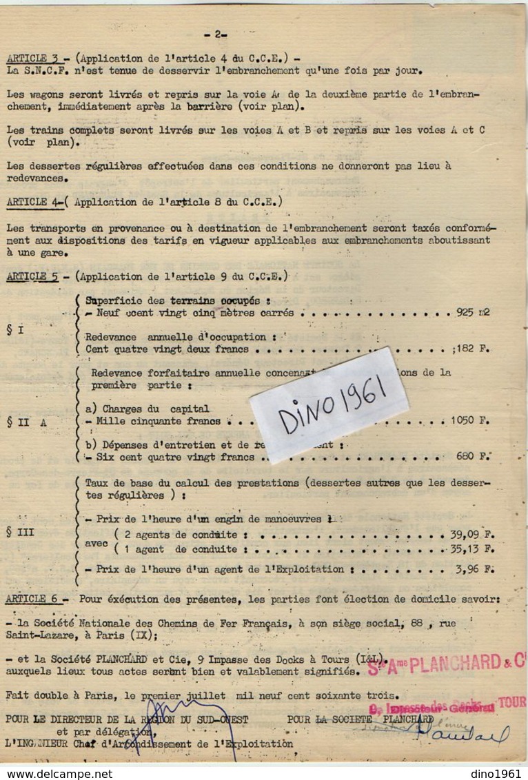 VP12.747 - Acte De 1963 - Entre La S.N.C.F Ligne De PARIS à BORDEAUX - Gare DES CORPS & La Sté PLANCHARD à TOURS - Chemin De Fer