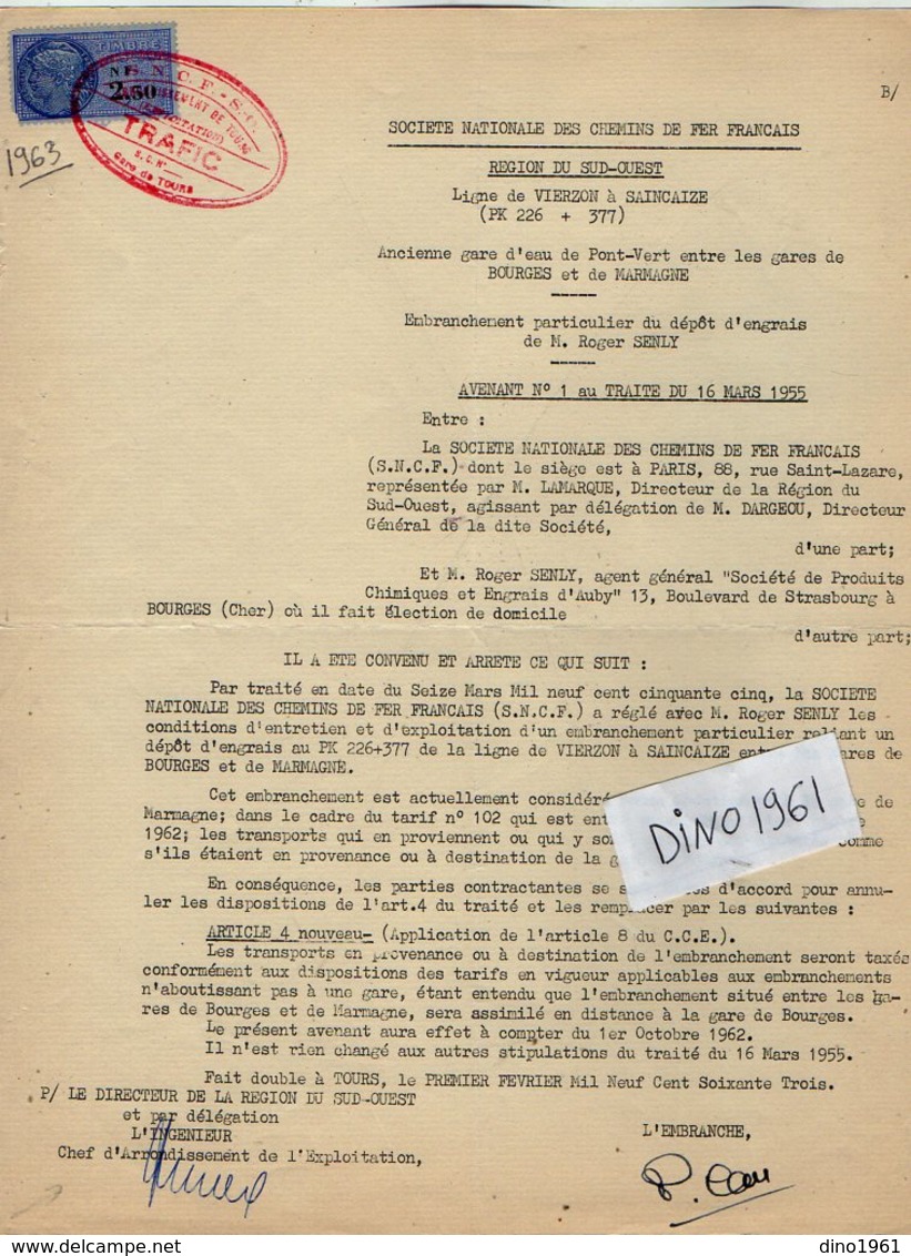 VP12.748 - TOURS - Acte De 1963 - Entre La S.N.C.F Ligne De VIERZON à SAINCAIZE - Gare De PONT VERT & Mr SENLY à BOURGES - Chemin De Fer