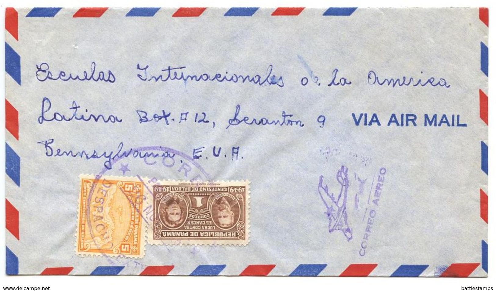 Panama 1949 Airmail Cover To U.S. W/ Scott C112 Map & RA30 Curie - Panama