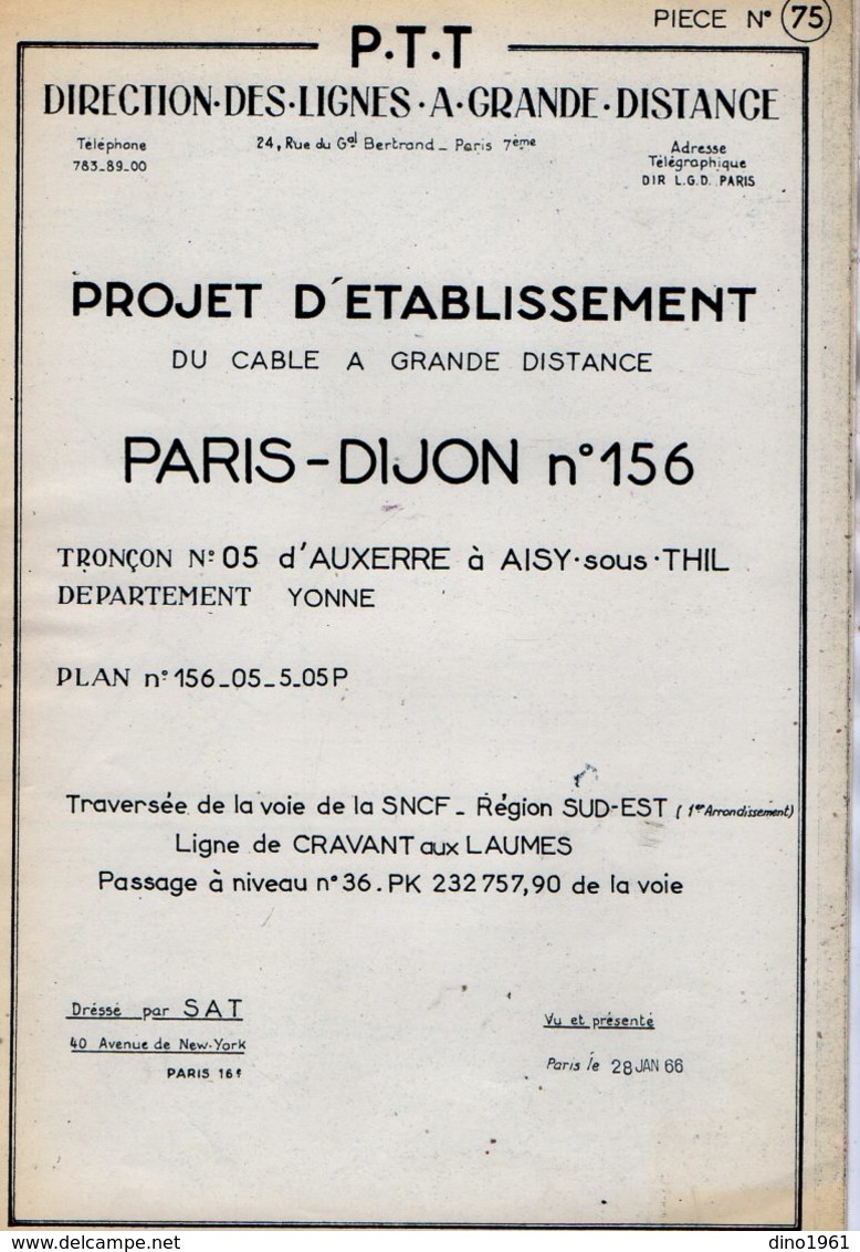 VP12.752 - PARIS - Plan - S.N.C.F - Projet D'Etablissement Du Cable à Grande Distance PARIS - DIJON - AUXERRE à AISY ... - Ferrovie