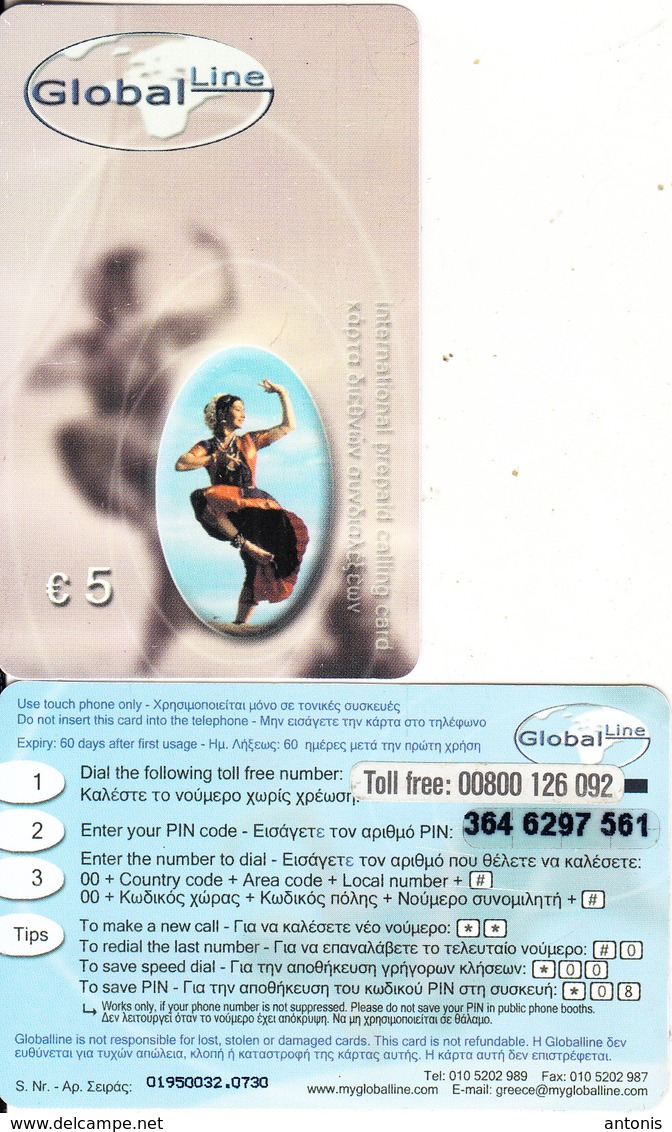 GREECE - Dancer, Global Line Prepaid Card 5 Euro(text In 2 Lines, 00800 126 092 With Sticker), Used - Greece