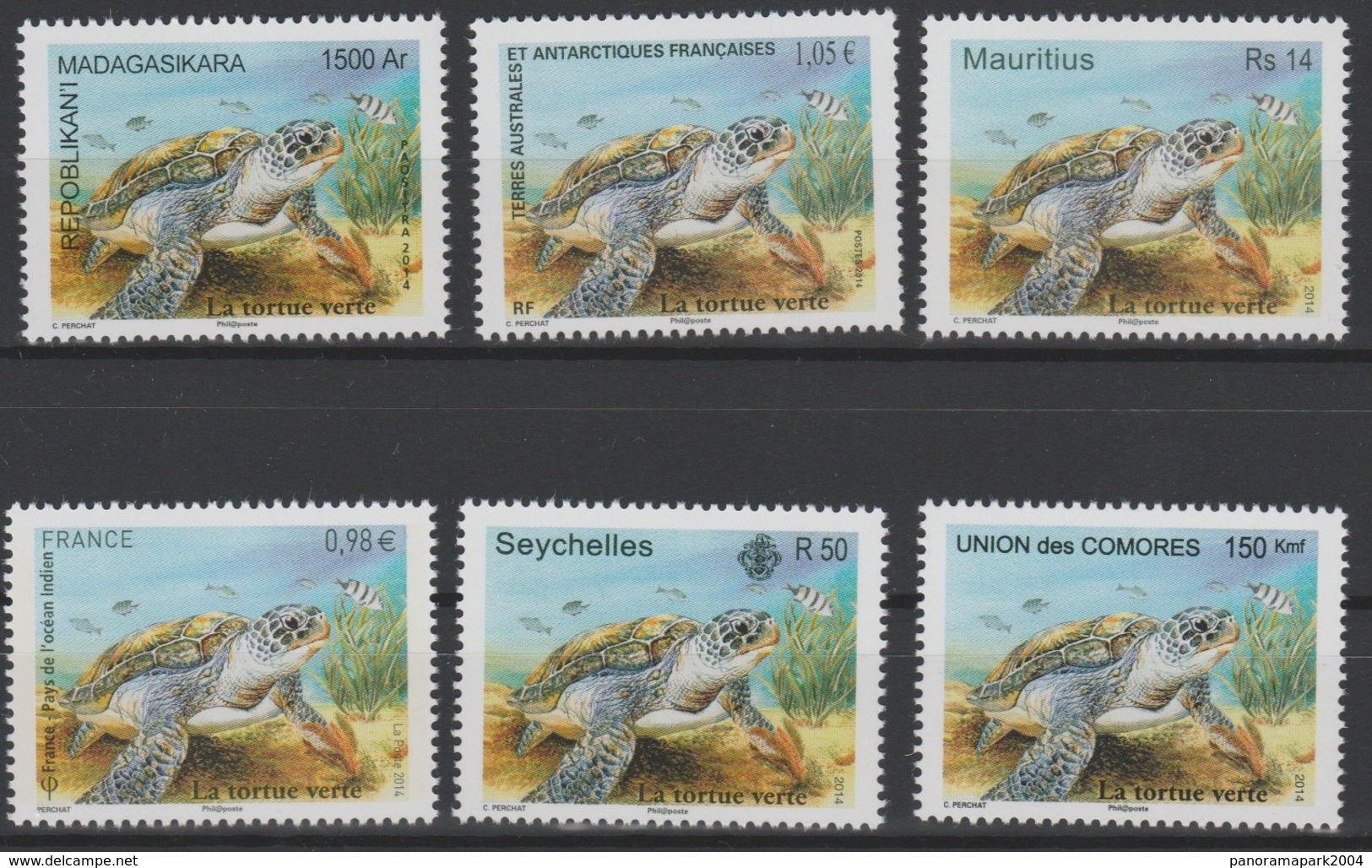 La Tortue Verte Green Turtle Schildkröte 2014 Joint Issue Faune Fauna Madagascar Seychelles France Comores MNH 6 Val. ** - Mauritius (1968-...)