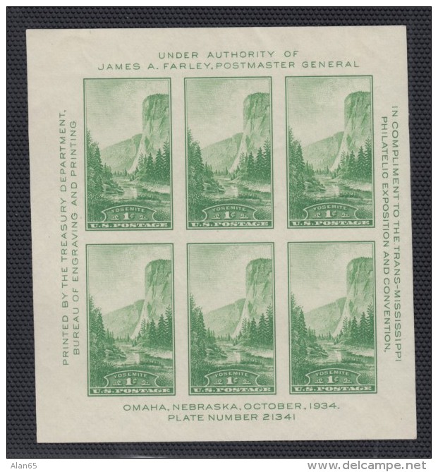 Sc#751 Souvenir Sheet Of 6 MNH 1-cent Trans-Mississippi Philatelic Exhibition Yosemite National Park 1934 Issue - Unused Stamps