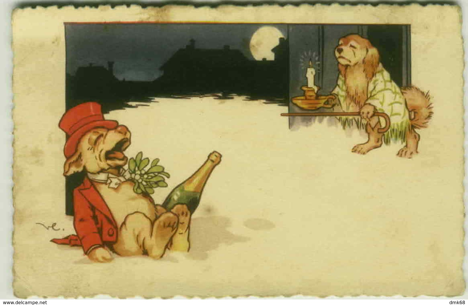 CASTELLI SIGNED POSTCARD 1920s - DRUNK DRESSED DOGS & MOON - (518) - Castelli