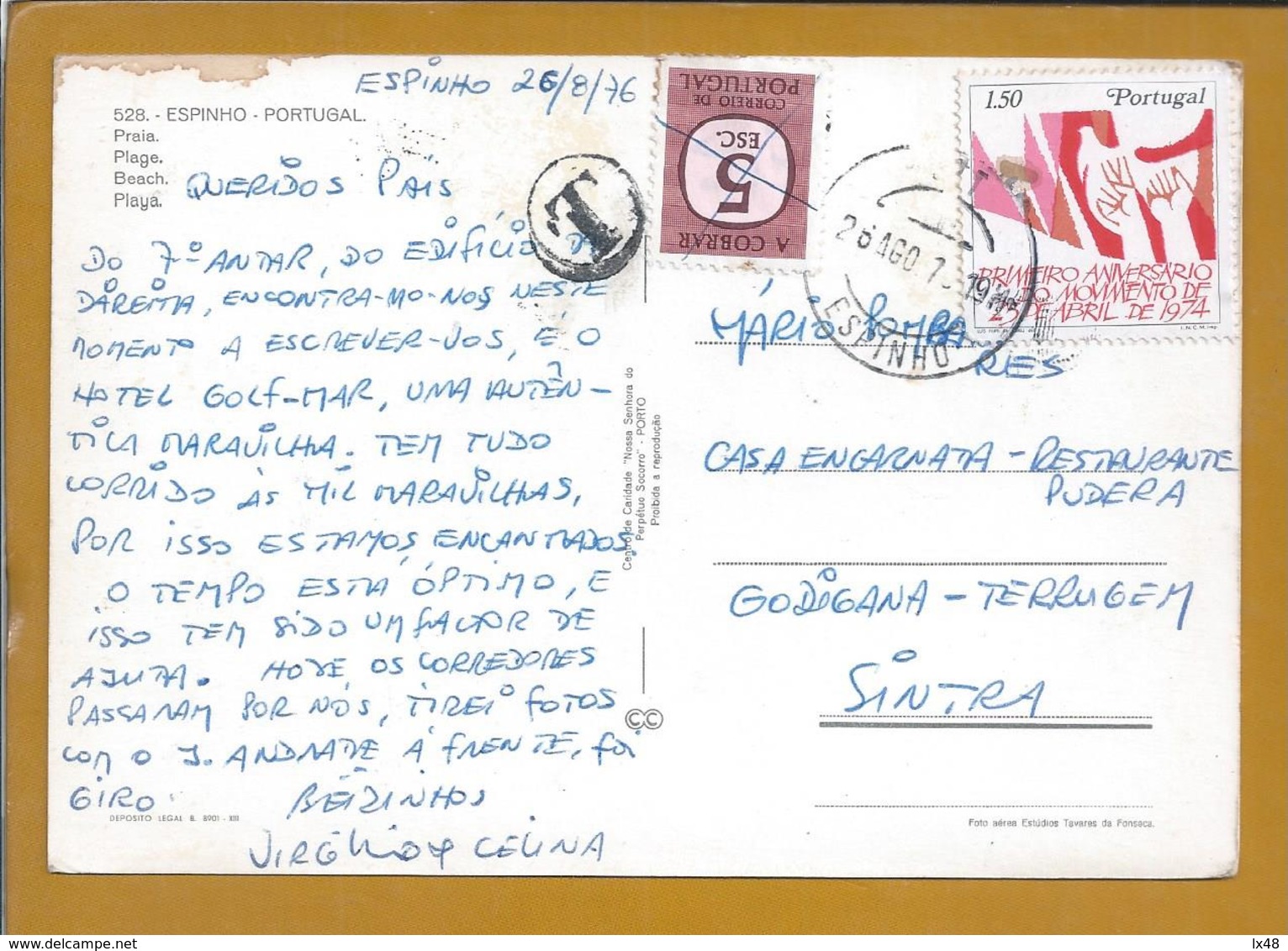 Postcard Fined Circled 1975, Espinho. Stamp Revolution April 25th. Postal Porteado E Expedido De Espinho / Terrugem - Briefe U. Dokumente