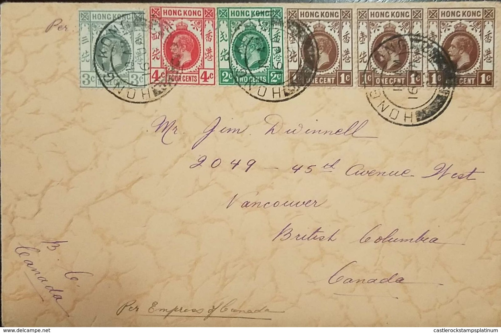 O) 1914 HONG KONG, KING GEORGE VI . SCOTT A13 $3 VIOLET GREEN-SCT A12 4c CARMINE- SCT A11 2c DEEP GREEN  -SCT A11 1c BRO - Other & Unclassified