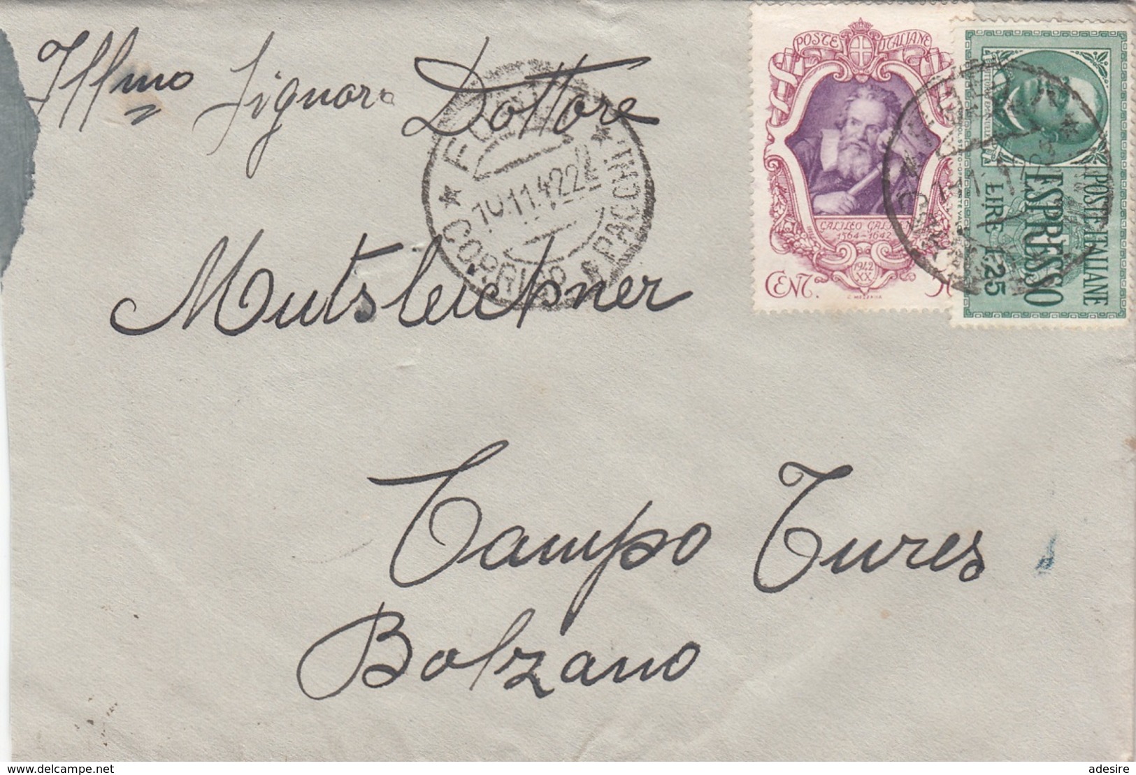 ITALIEN 1942 - 50 Cent + 1,25 L Espresso Auf Brief Gel.v. Farli? > Campo Tures Bolzano - Eilsendung (Eilpost)