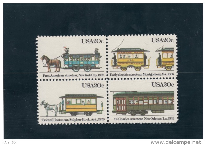 Block Of 4, MNH, Sc#2059-2062 20-cent Street Cars Of America 1983 Issue - Tramways