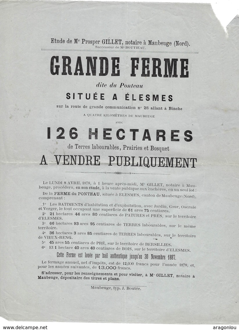 Affiche A4  Vente Publique Grande Ferme, 8 Avril 1878: Ferme De Ponteau à Elesmes, Canton De Maubeuge(Nord) 2 Scans - Posters