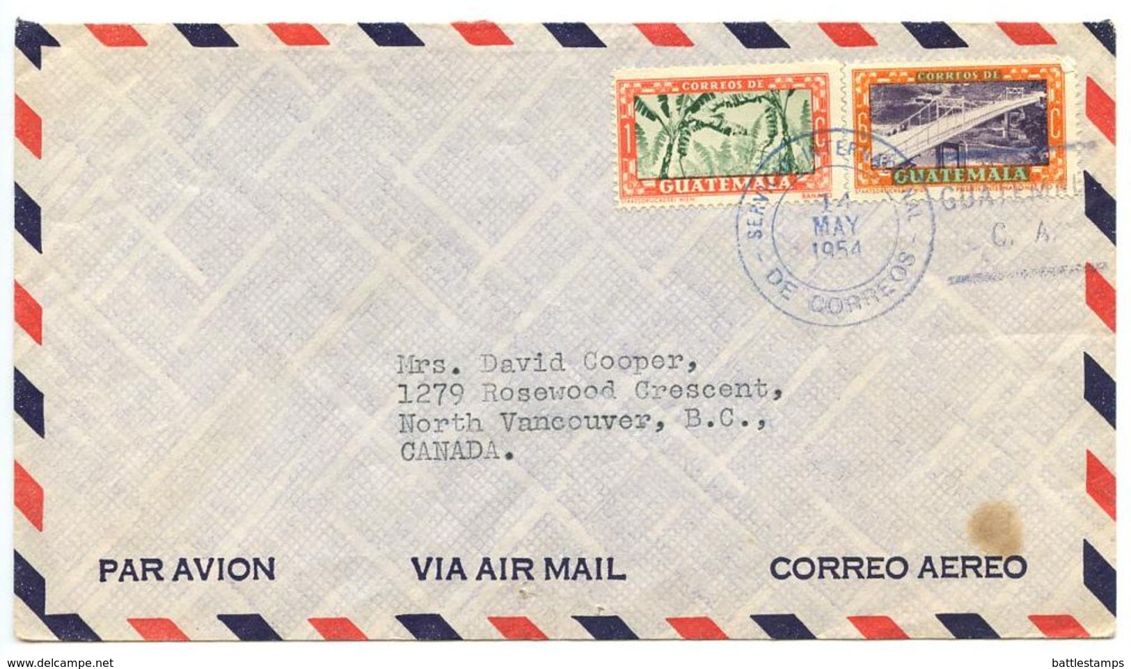 Guatemala 1954 Airmail Cover To North Vancouver, Canada W/ Scott 334 & 348 - Guatemala