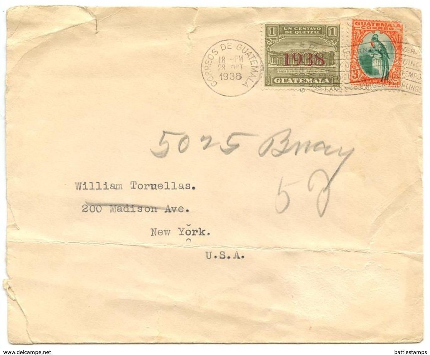 Guatemala 1938 Cover To U.S. W/ Scott 275 & RA9 - Guatemala