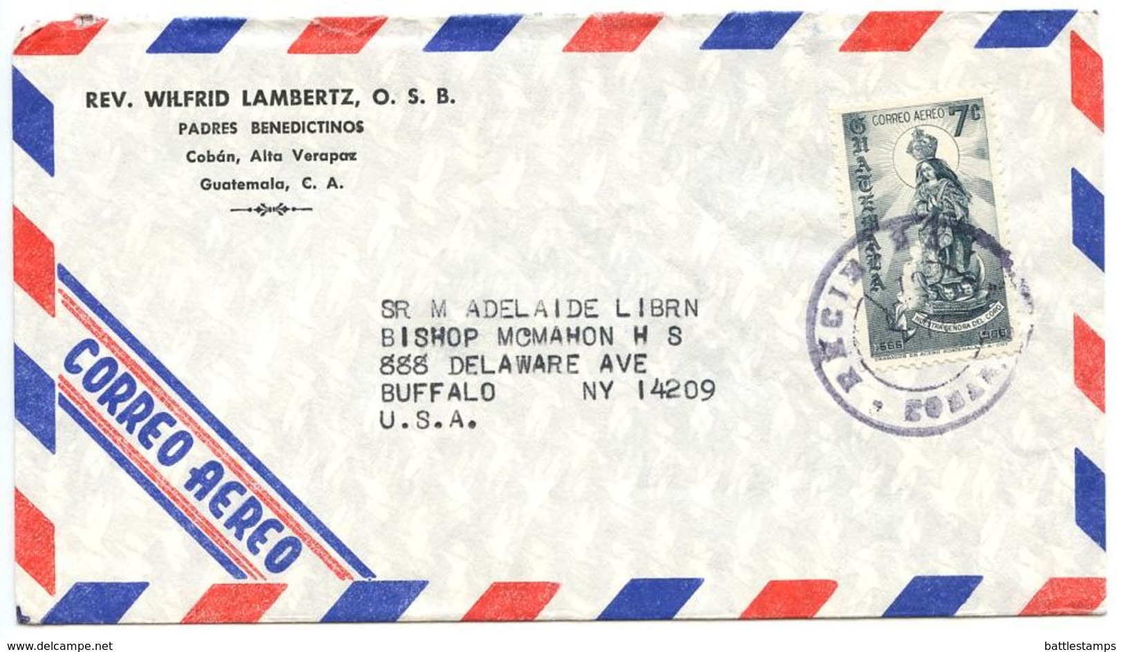 Guatemala 1970‘s Airmail Cover Copán To Buffalo NY W/ Scott C404 Our Lady Of Coro - Guatemala