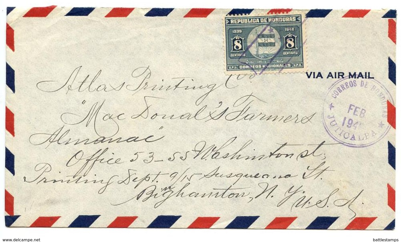 Honduras 1940 Airmail Cover Juticalpa To Binghamton NY W/ Scott 340 Flag - Honduras