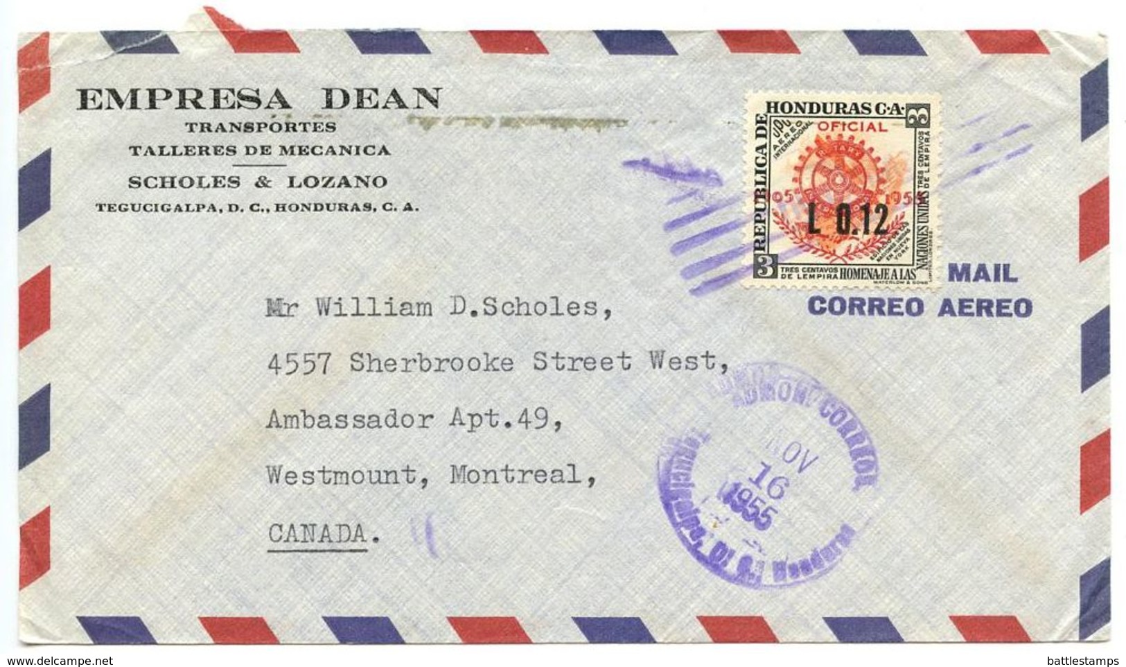 Honduras 1955 Airmail Cover Tegucigalpa To Canada W/ Scott C240 Rotary International - Honduras