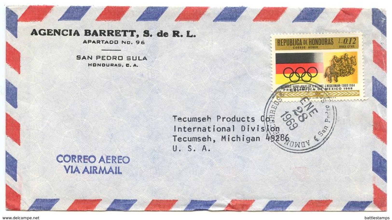 Honduras 1969 Airmail Cover San Pedro Sula To Tecumseh MI W/ Scott C433 Olympics - Honduras