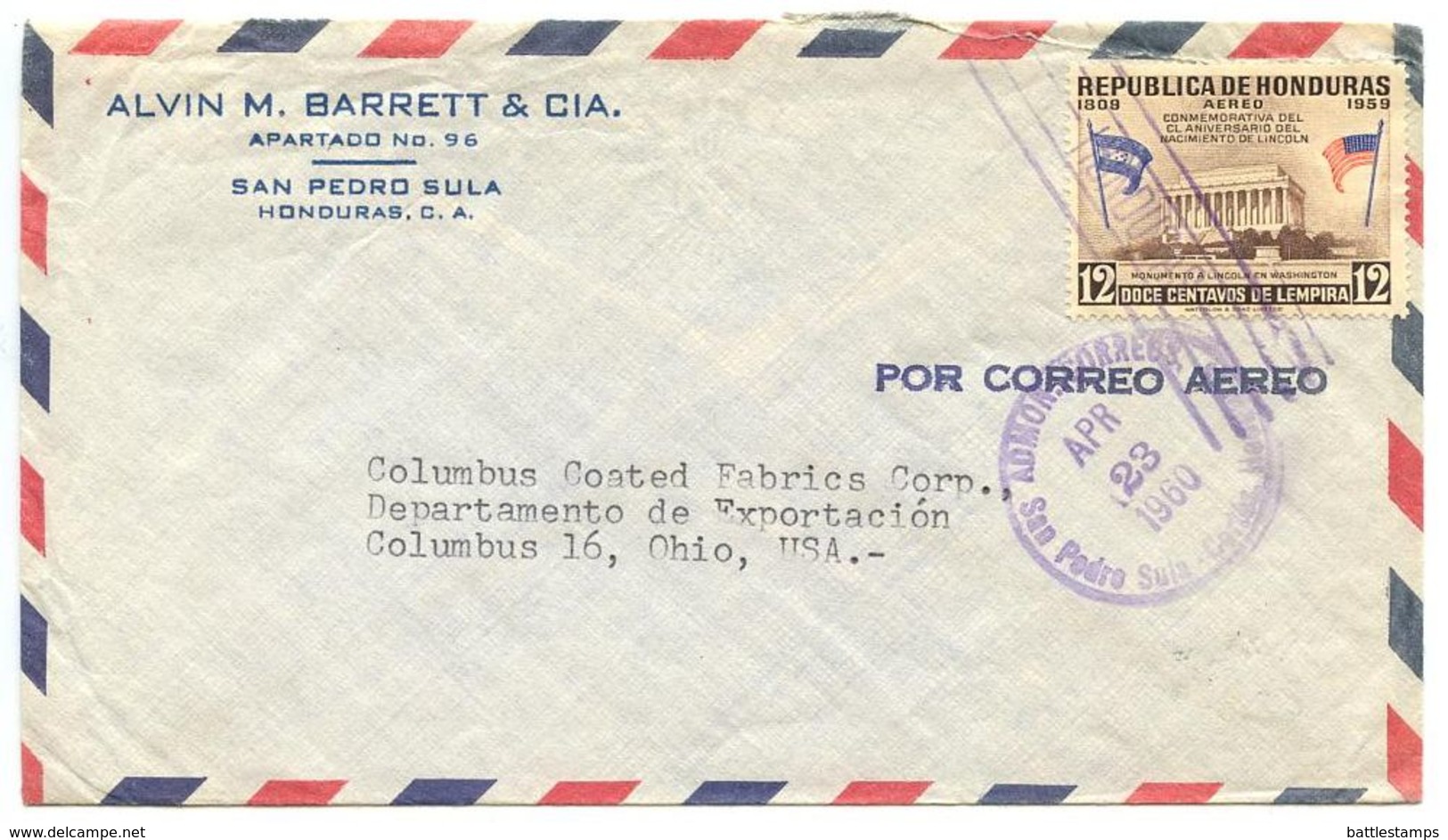 Honduras 1960 Airmail Cover San Pedro Sula To U.S. W/ Scott C294 Lincoln Memorial - Honduras