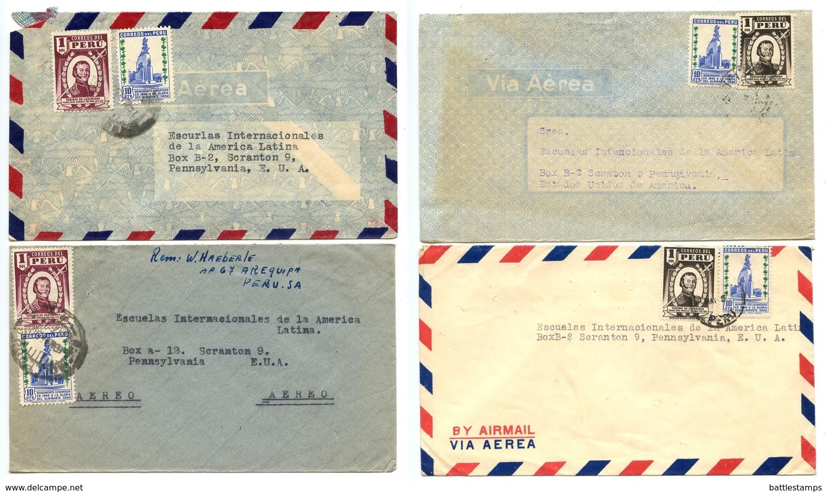 Peru 1949-50 4 Airmail Covers To U.S. W/ Scott 381, 430, 434 - Pérou