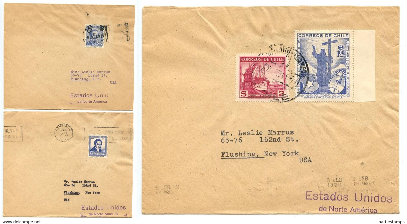 Chile 1950‘s 3 Covers Santiago To Flushing NY, Mix Of Stamps - Chile