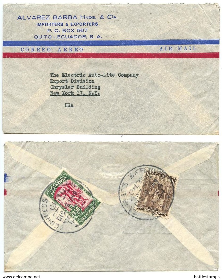 Ecuador 1949 Airmail Cover Quito To NYC, The Electric Auto-Lite Company - Equateur