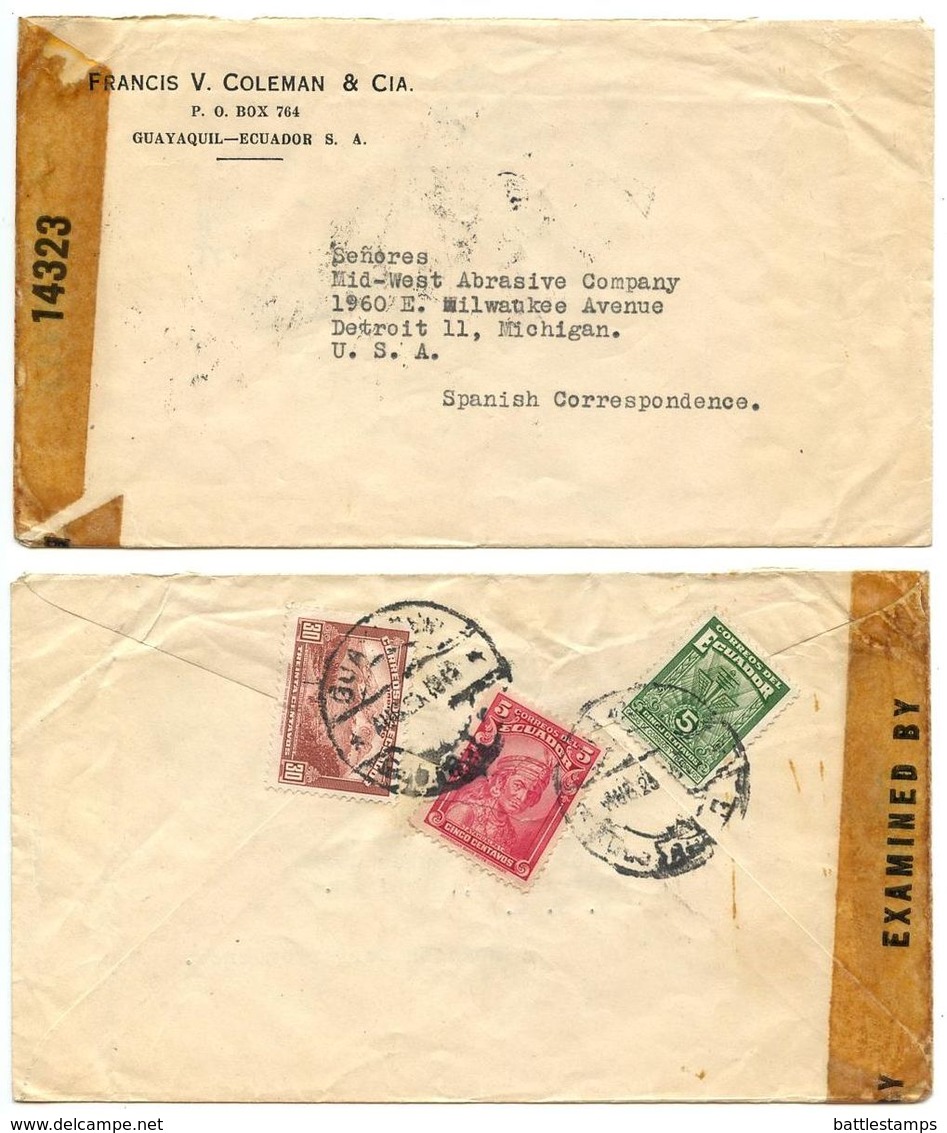 Ecuador 1940‘s Censor Cover Guayaquil To U.S. W/ Scott 362, 407, RA49A - Ecuador