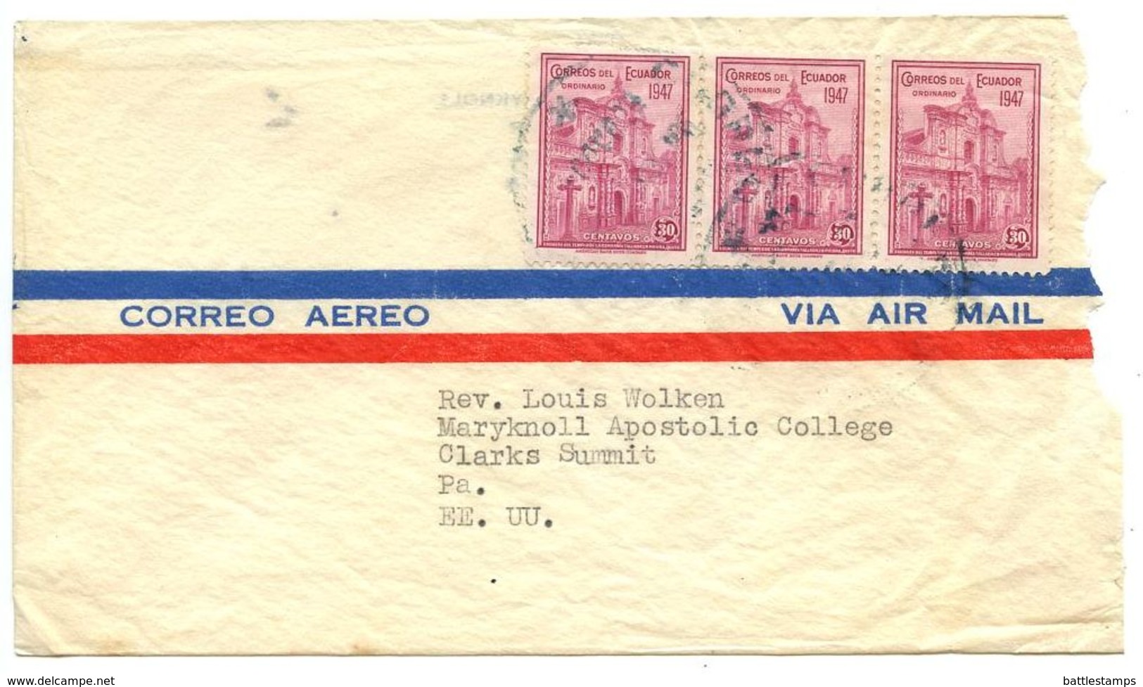 Ecuador 1940‘s Airmail Cover Guayaquil To Clarks Summit PA W/ Scott 479 X 3 - Ecuador