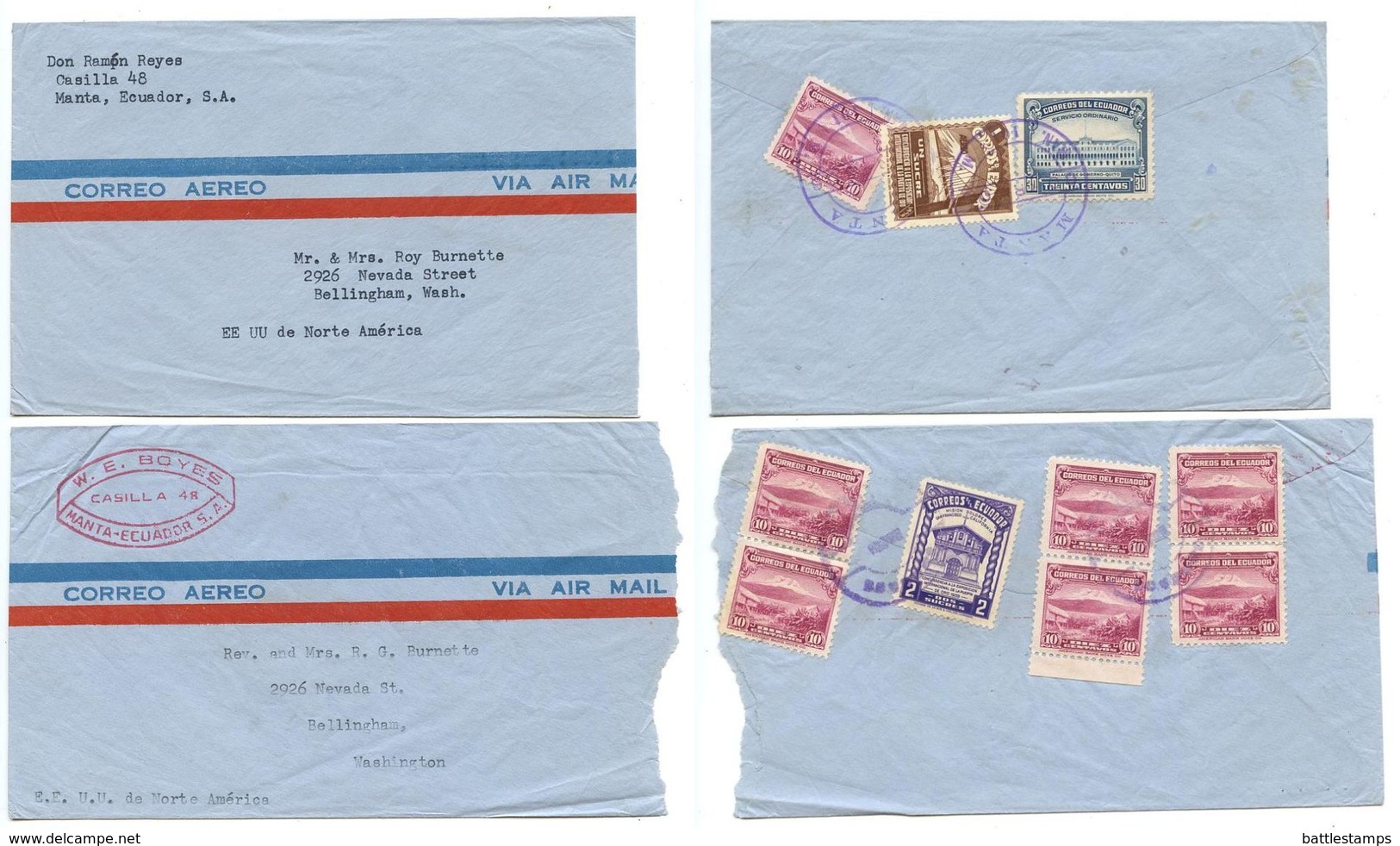 Ecuador 1940‘s-50‘s 2 Airmail Covers Manta To Bellingham, Washington - Ecuador
