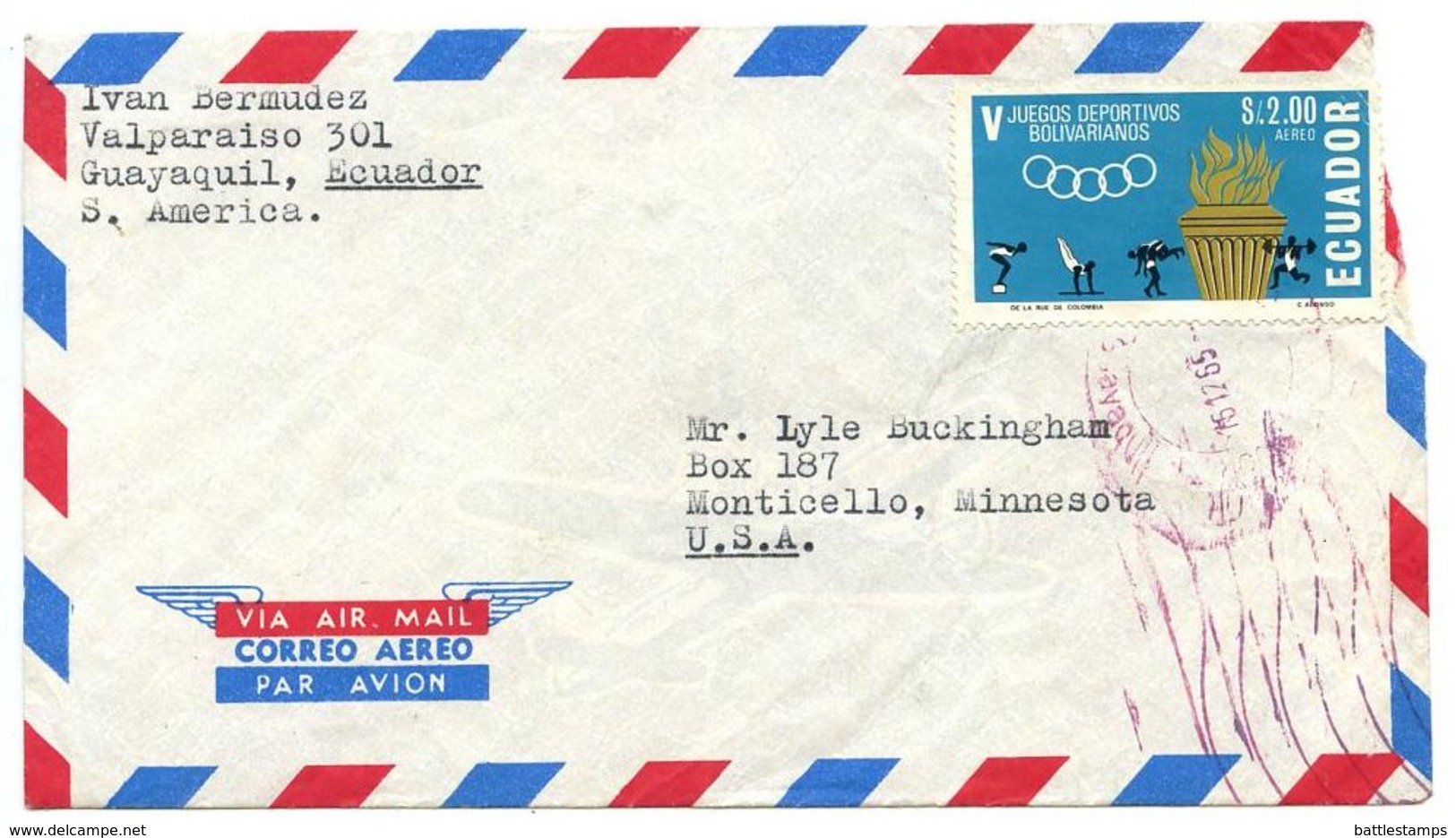 Ecuador 1965 Airmail Cover Guayaquil To Monticello MN W/ Scott C435 Sports - Ecuador