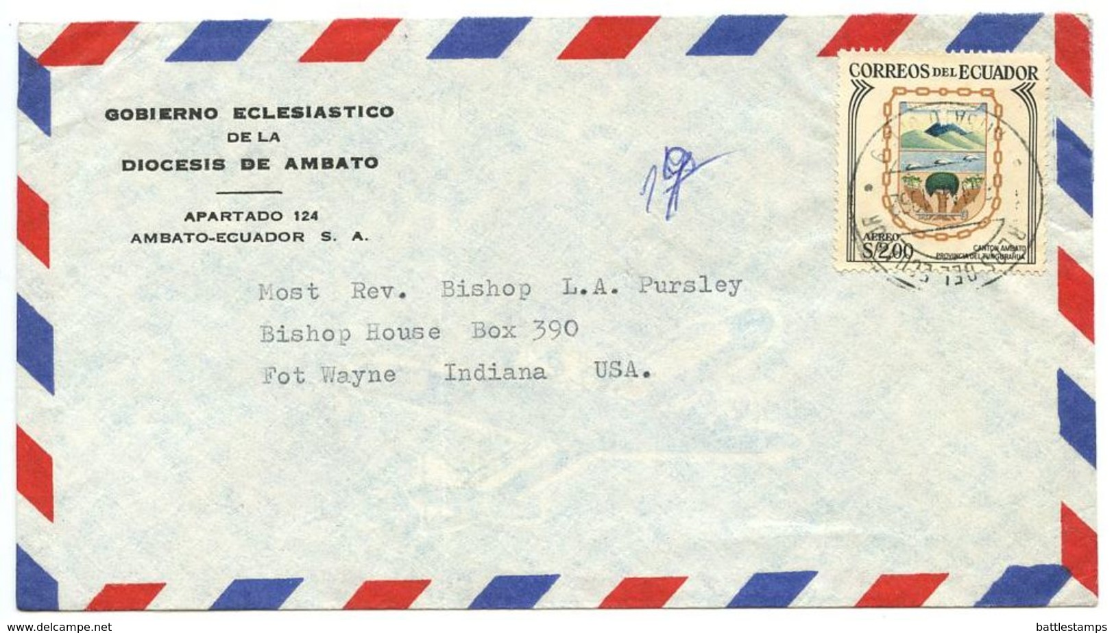 Ecuador 1962 Airmail Cover Ambato To Fort Wayne IN W/ Scott C395 Arms - Ecuador