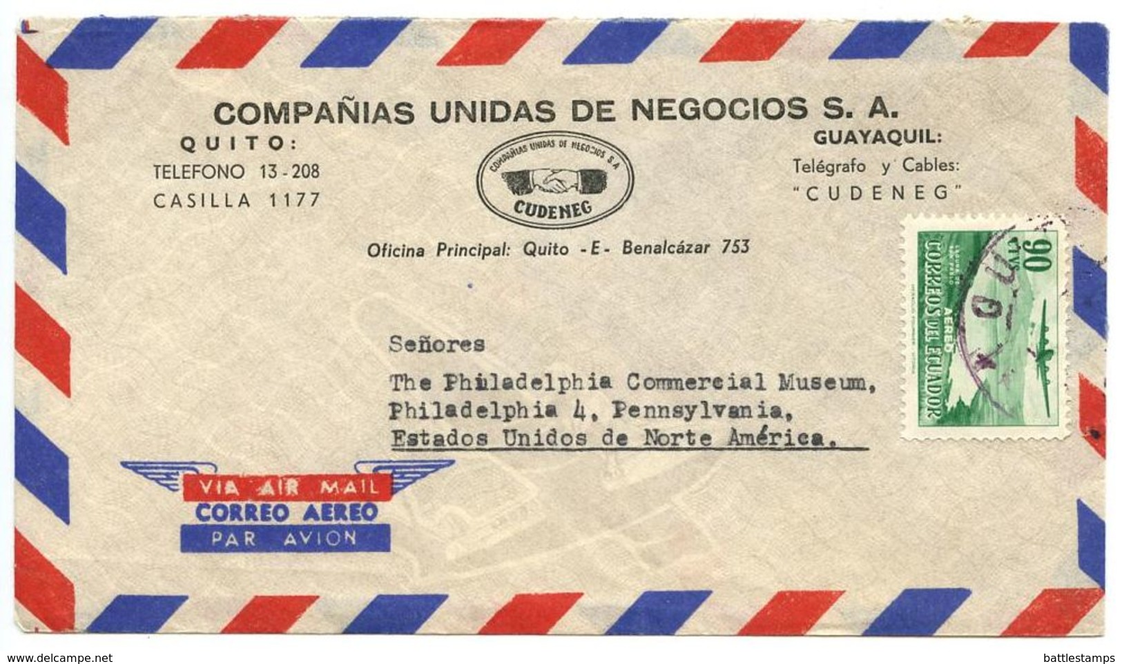 Ecuador 1950‘s Airmail Cover Quito To Philadelphia PA W/ Scott C266 San Pablo Lagoon - Equateur