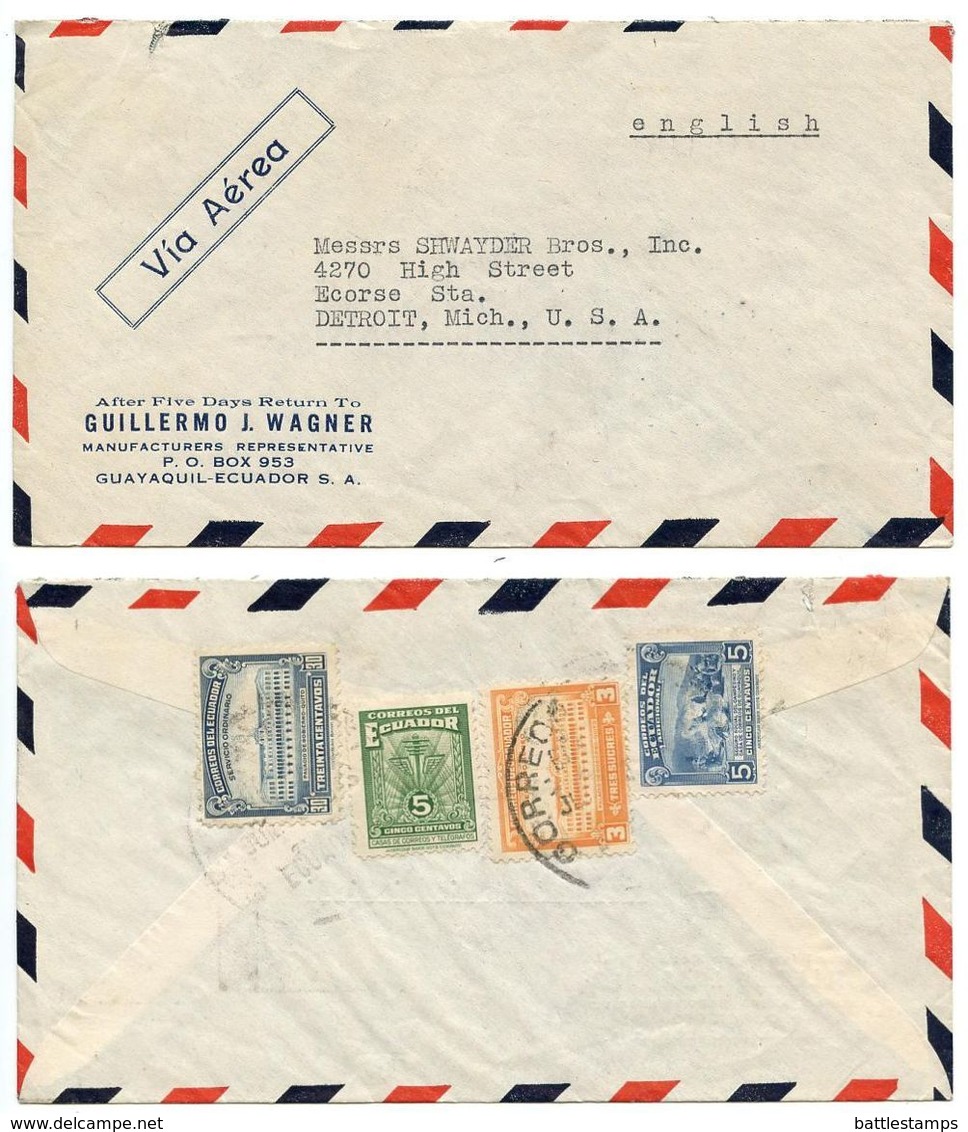 Ecuador 1940‘s Airmail Cover Guayaquil To Detroit MI W/ Scott 439, C128, RA49A, RA55 - Ecuador