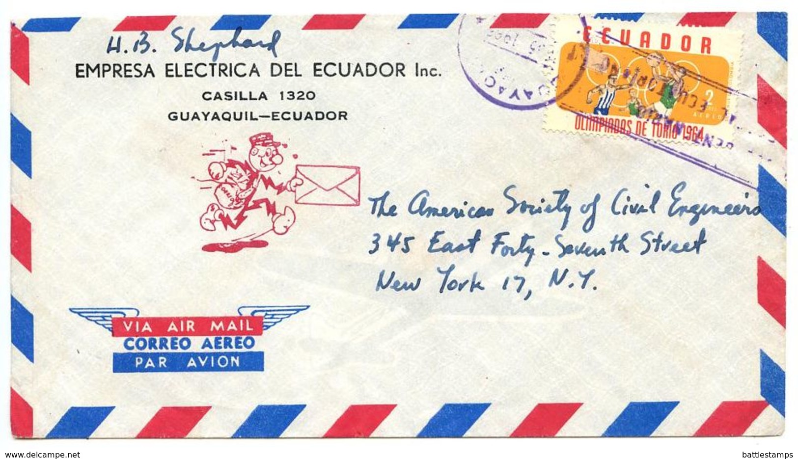 Ecuador 1965 Airmail Cover Guayaquil To U.S. W/ Scott C434 18th Olympic Games - Equateur