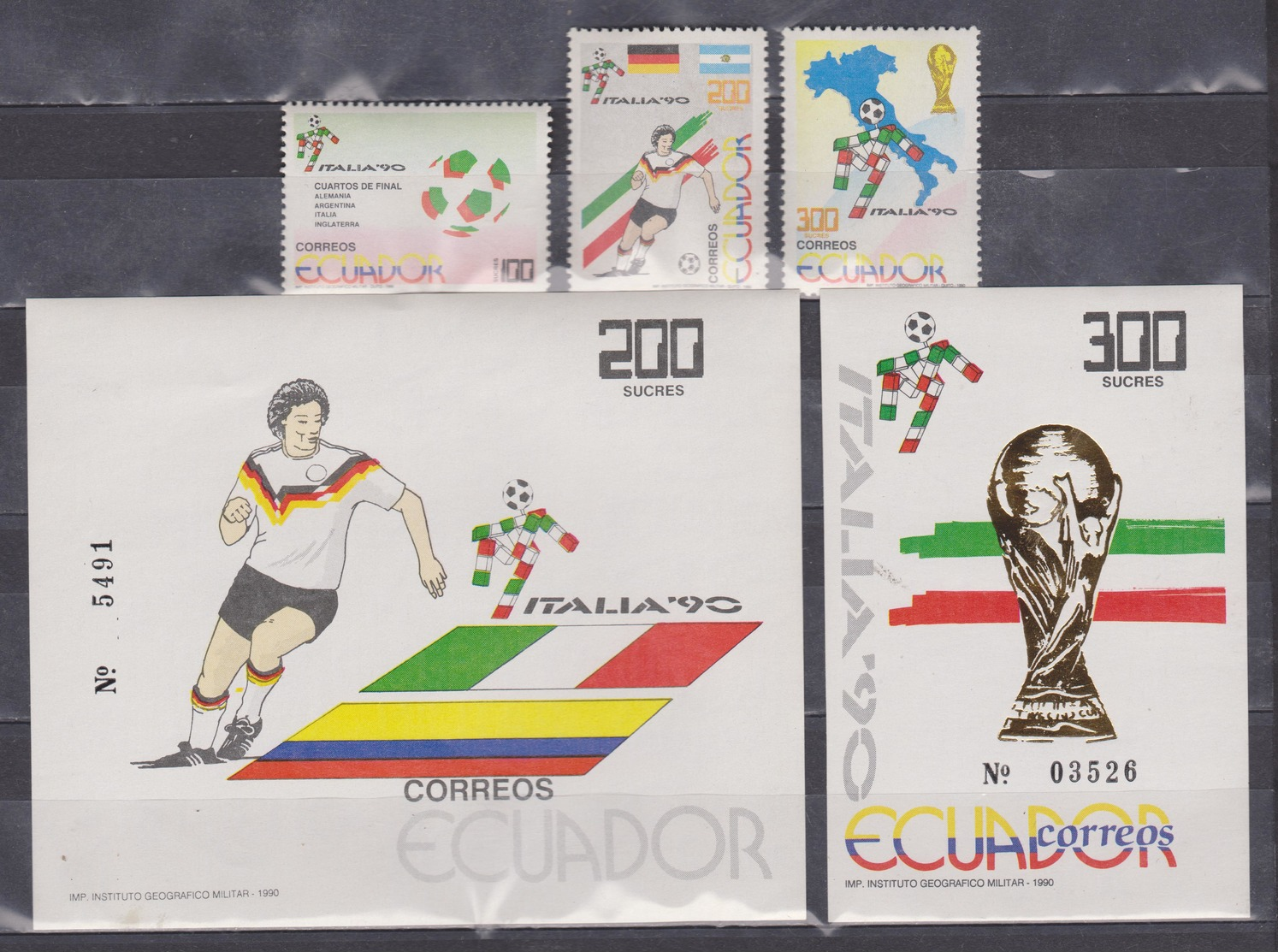 ECUADOR 1990 ITALY SOCCER WORLD CUP 2 SOUVENIR SHEET + 3 STAMPS FULL SET MNH SC# 1234-1238 - Equateur