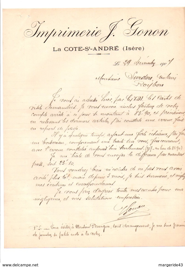 COURRIER IMPRIMERIE J. GONON à LA CÔTE SAINT ANDRE ISERE 1907 - 1900 – 1949