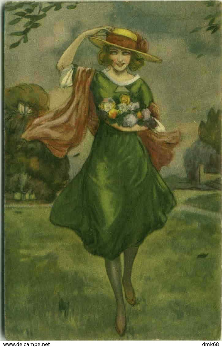 BOMPARD SIGNED POSTCARD 1910s - WOMAN WITH GREEN DRESS & FLOWERS - N.945 (529) - Autres & Non Classés