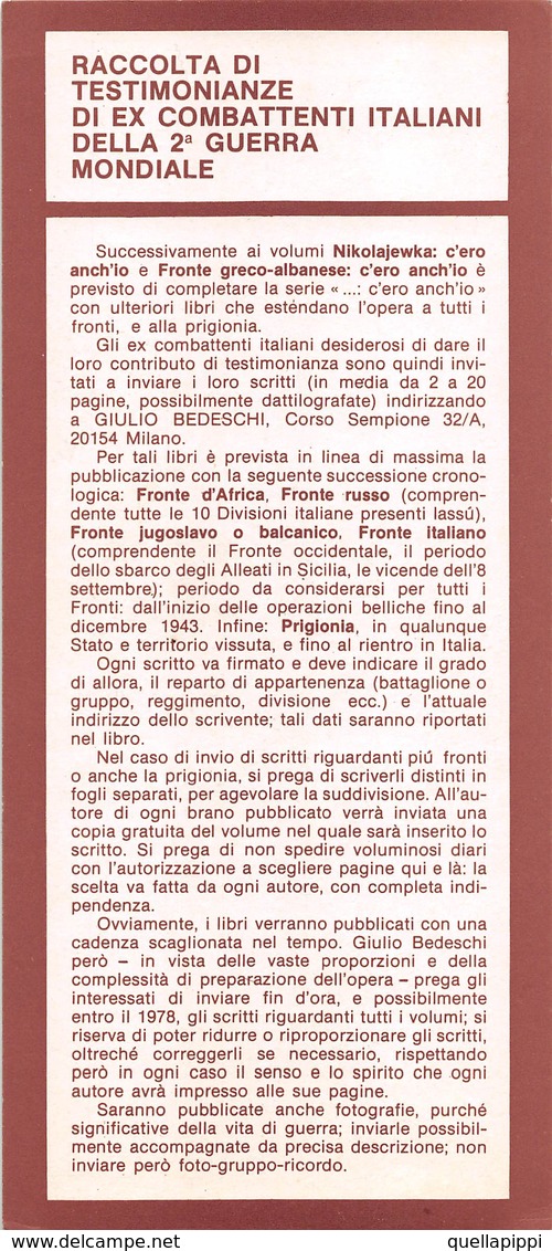 08042 "RACCOLTA DI TESTIMONIANZE DI EX COMBATTENTI ITALIANI DELLA 2° GUERRA MONDIALE" SEGNALIBRO. - Segnalibri