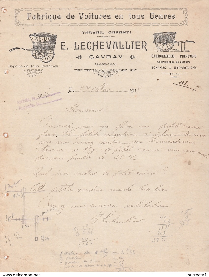 Facture 1913 / E. LECHEVALLIER / Fabrique Voitures / 50 Gavray Manche - Sonstige & Ohne Zuordnung