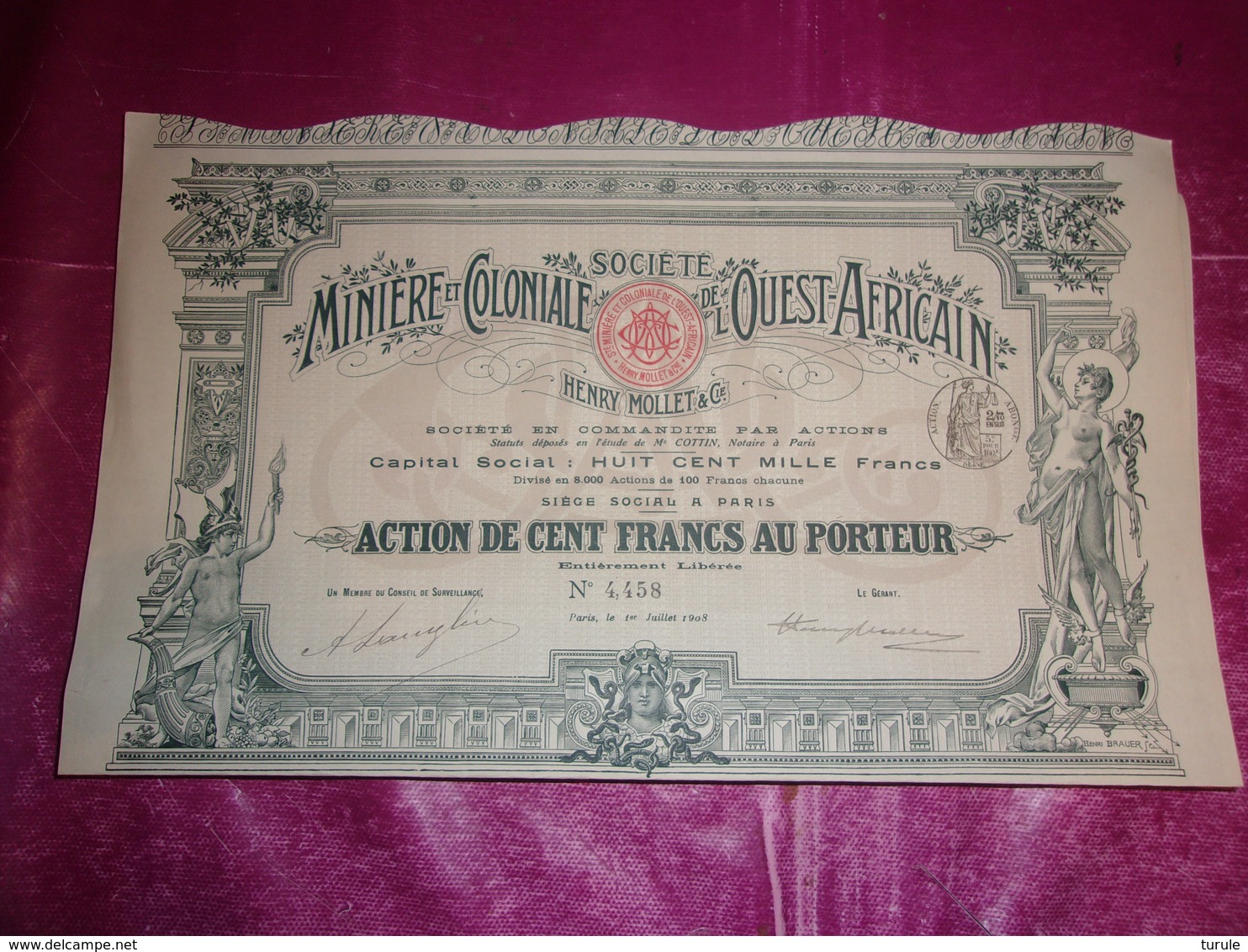 MINIERE ET COLONIALE DE L'OUEST AFRICAIN (100 Francs) 1908 (imprimerie RICHARD) - Autres & Non Classés