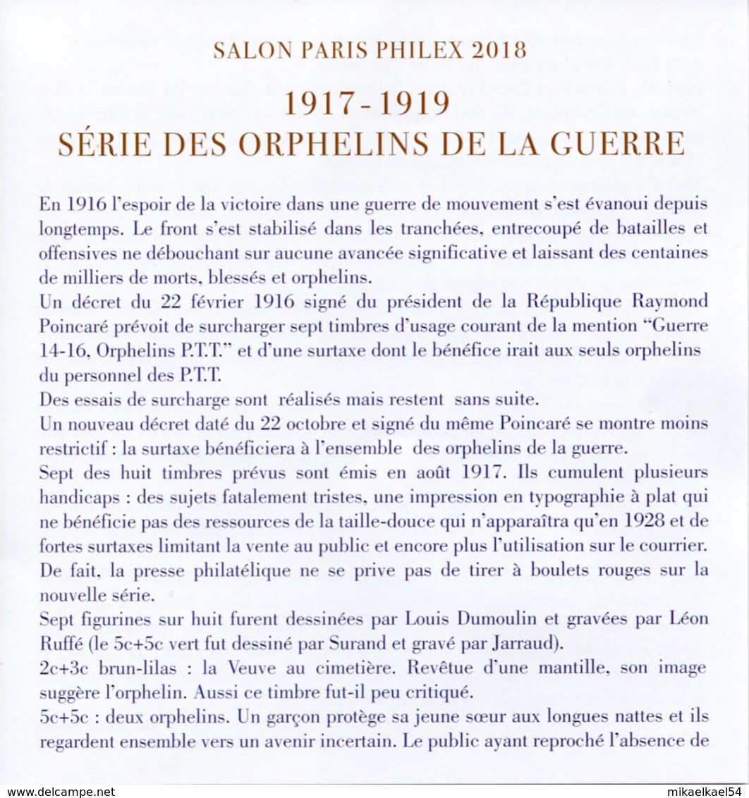 BLOC FEUILLET SALON PARIS PHILEX 2018 ORPHELINS DE LA GUERRE AVEC NOTICE DATE 05.03.18 - Neuf *** - Neufs