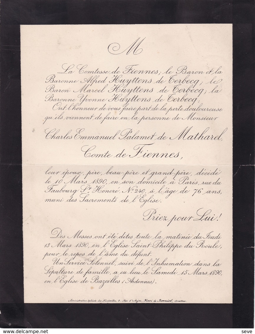 PARIS BAZEILLES ARDENNES Charles Emmanuel De MATHAREL Comte De FIENNES 76 Ans 1890 Famille HUYTTENS De TERBECQ - Décès