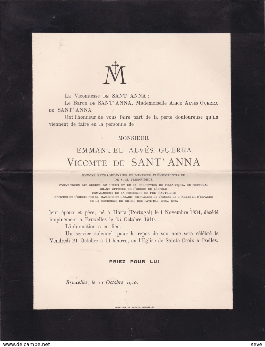 HORTA PORTUGAL BRUXELLES Emmanuel Vicomte De SANT'ANNA Ambassadeur 1834-1910 - Décès