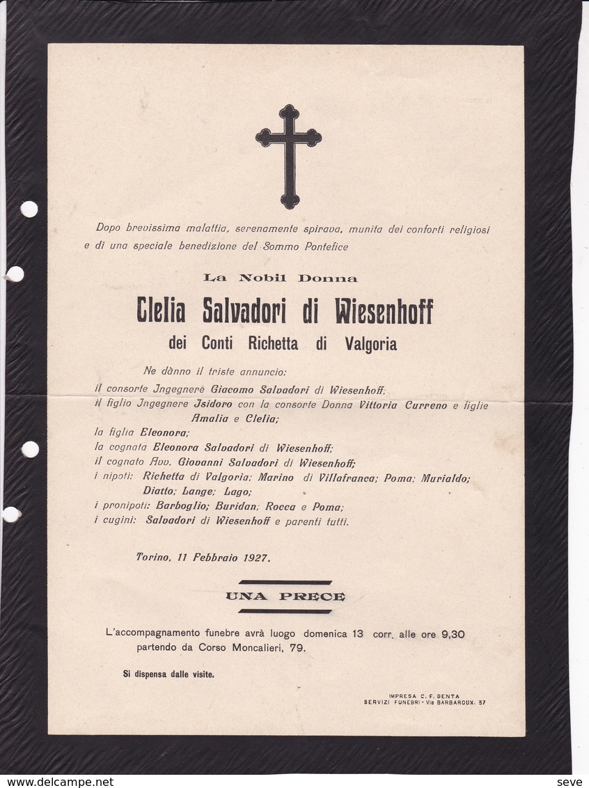 TORINO Clelia Salvadori Di WIESENHOFF Dei Conti RICHETTA Di VALGORIA 1927 - Avvisi Di Necrologio