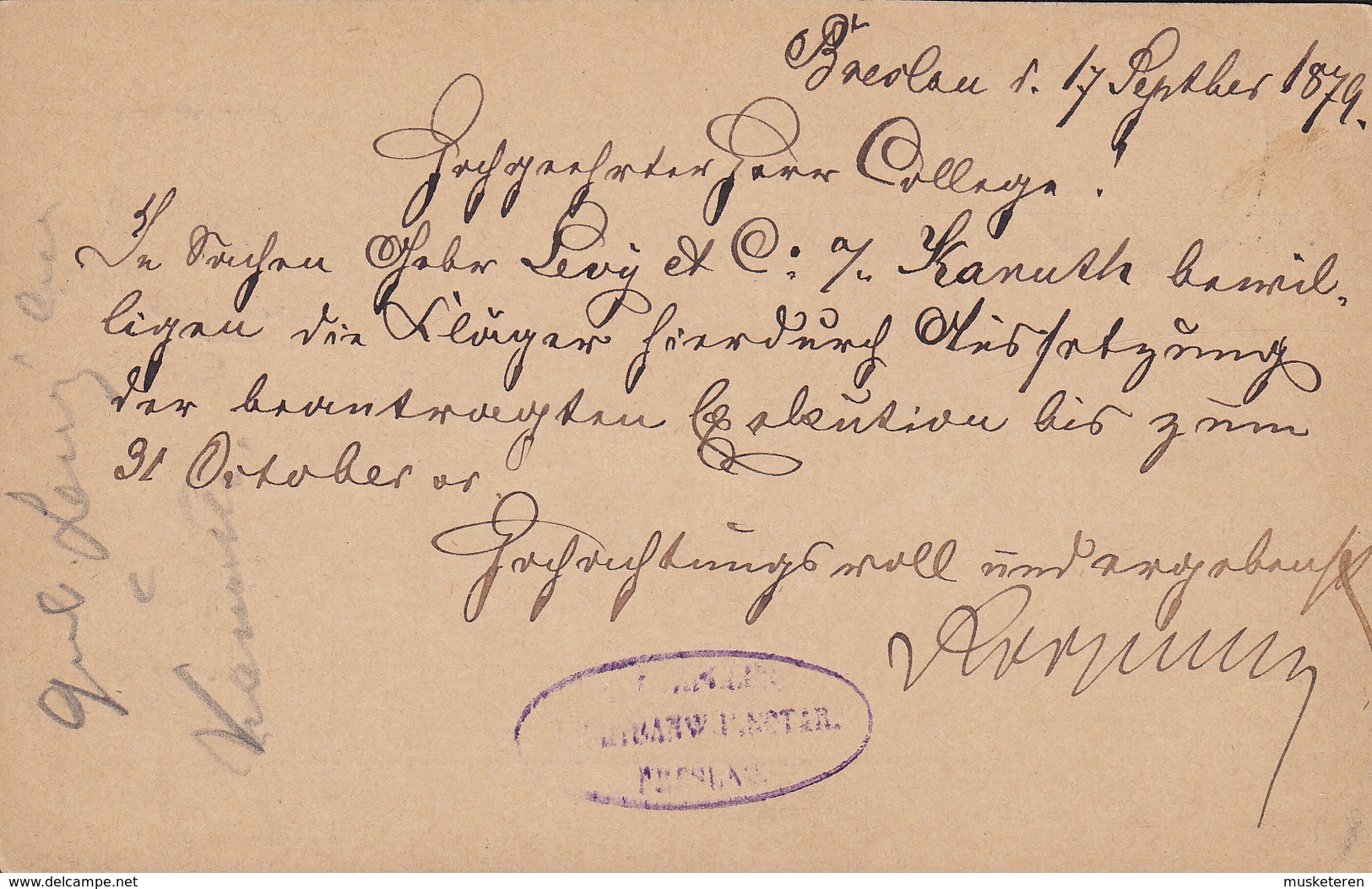 Poland Vorläufer Reichspost Postal Stationery Ganzsache BRESLAU 1879 WIEN Austria (2 Scans) - Briefkaarten