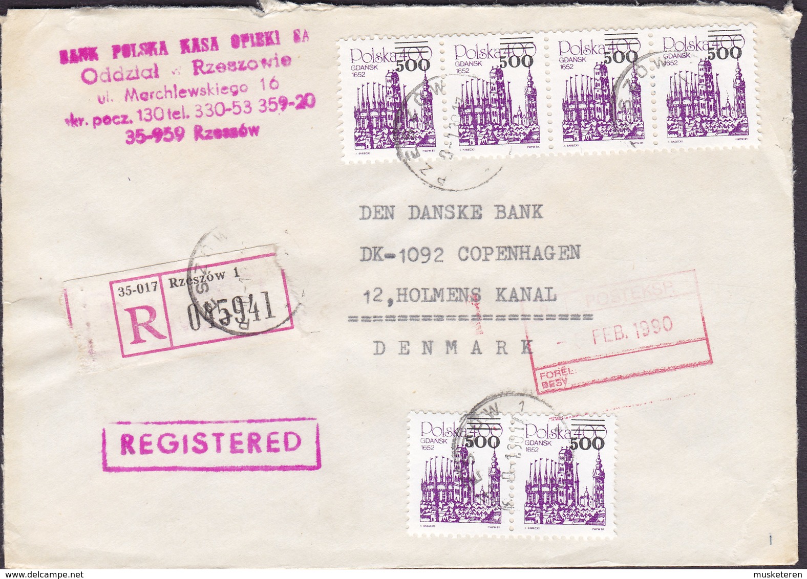 Poland Registered Einschreiben Label RZESZOW 1990 Cover Brief Denmark Gdansk Stamp 4-Stripe & Pair M. Aufdruck - Briefe U. Dokumente