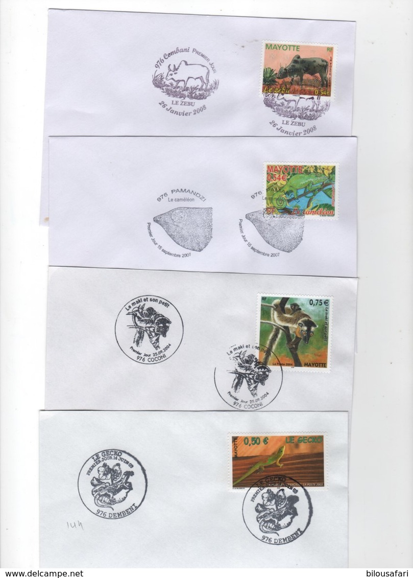 Mayotte 1997-2011 > Lot De 4 Lettres 1er Jour-2006/07 - N°144-167-204-208 Le Zebu//Le Gecko//Le Maki & Son Petit//Le C/ - Covers & Documents