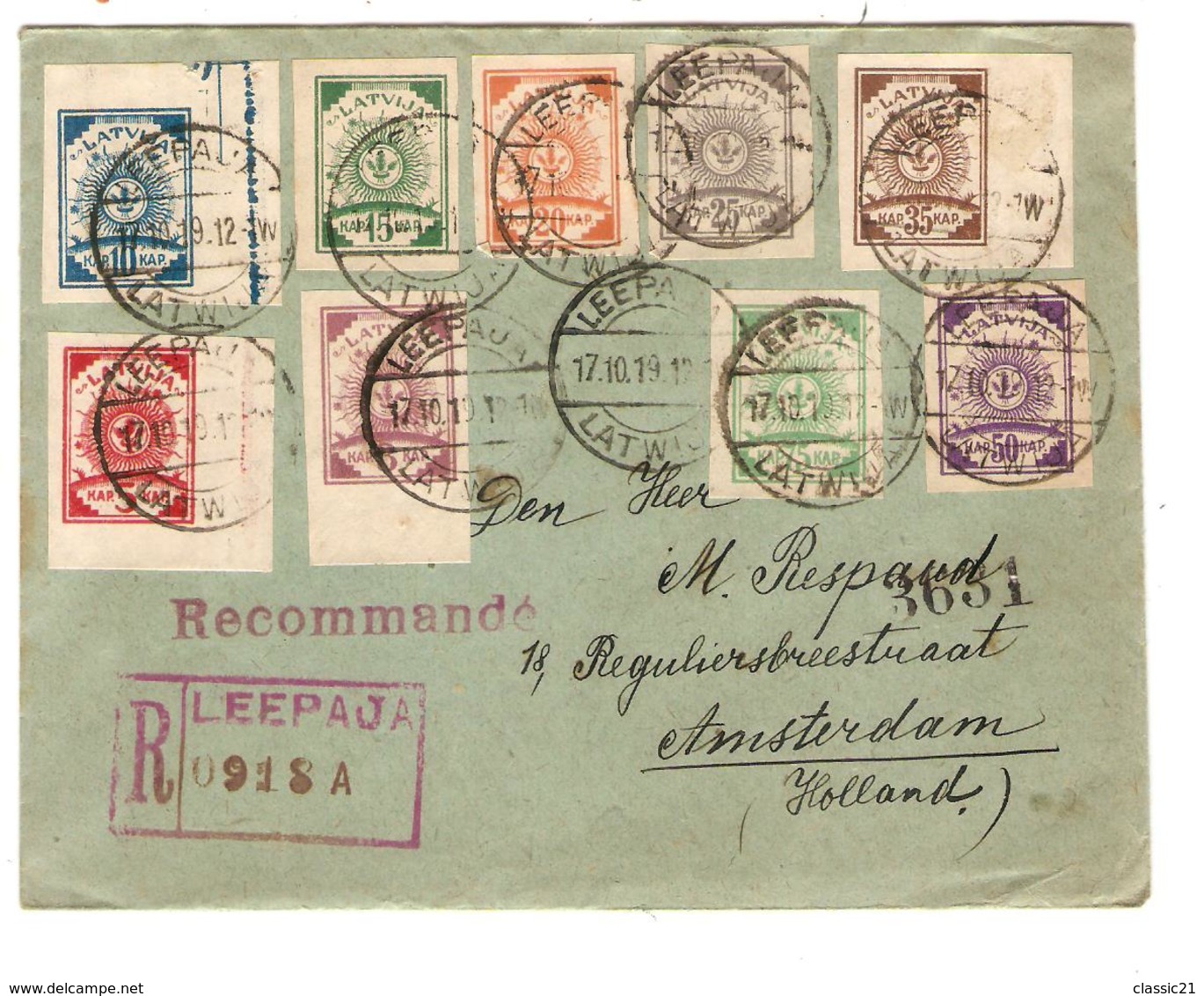 Latvia-Latvija Registered Cover Leepaja 1919 Stamps Imperforeted To Amsterdam Holland 2068 - Lettonie