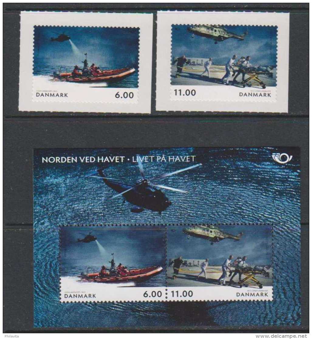 2012 Denmark  - Norden Living At Sea II Rescue At Sea-  MS  + 2 V S.adh. - MNH**MiNr. 1697 - 1698 +B 48 (wg) Helicopter, - Ungebraucht